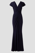 Chic Sheath Plunge Neck Cap Sleeve Ruched Side Floor Length Plus Size Prom Dress