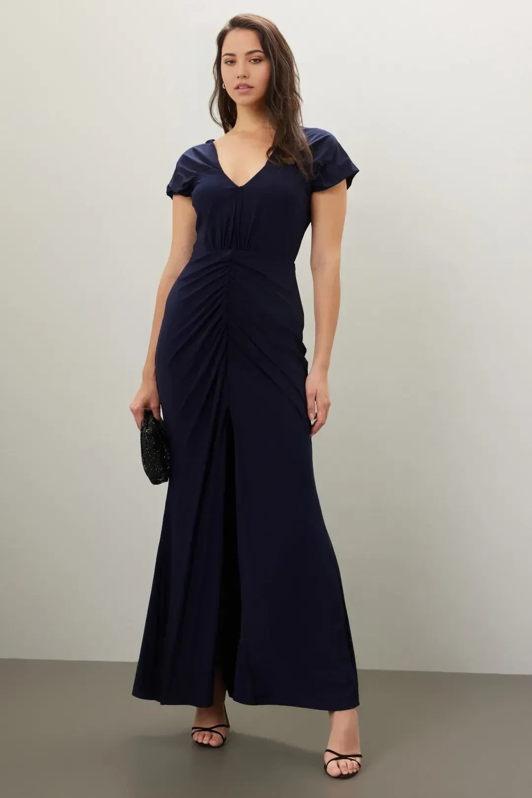 Chic Sheath Plunge Neck Cap Sleeve Ruched Side Floor Length Plus Size Prom Dress