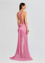 Chic Sheath Plunge Neck Sleeveless Crisscross Back Floor Length Plus Size Prom Dress