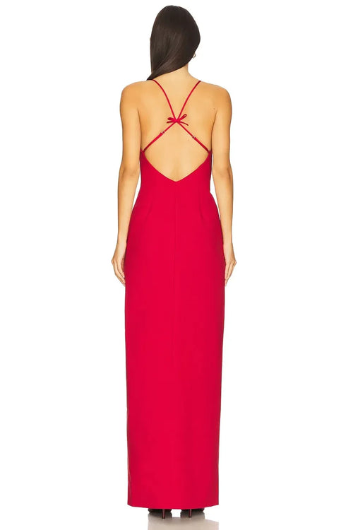 Robe de soirée fourreau chic, décolleté en V plongeant, à fines bretelles, dos croisé, longueur ras du sol