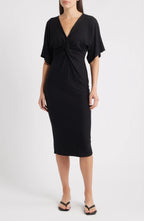 Chic Sheath Plunging V Neck Flutter Sleeve Zipper Back Knee Length Evening Dress