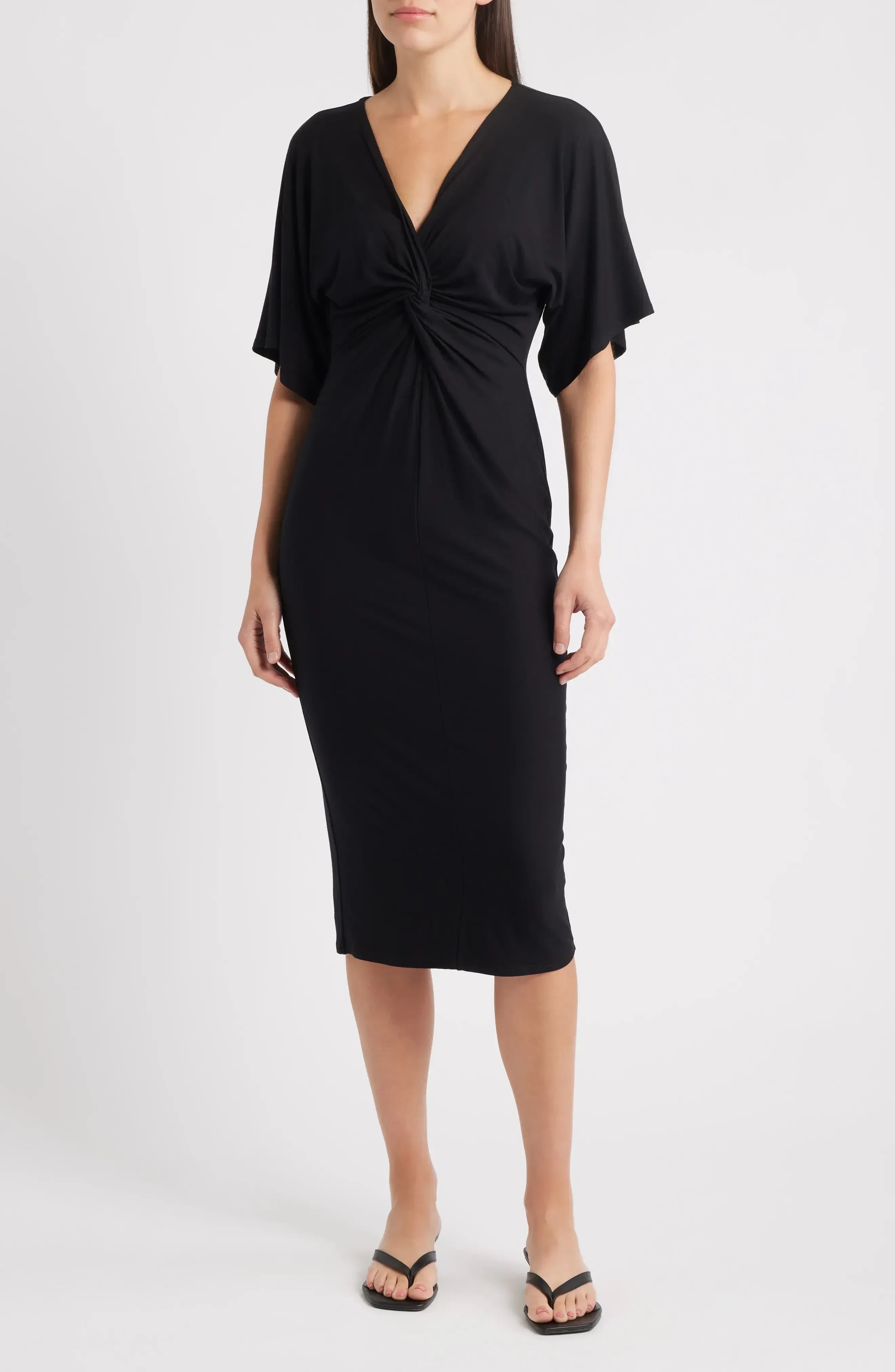 Chic Sheath Plunging V Neck Flutter Sleeve Zipper Back Knee Length Evening Dress
