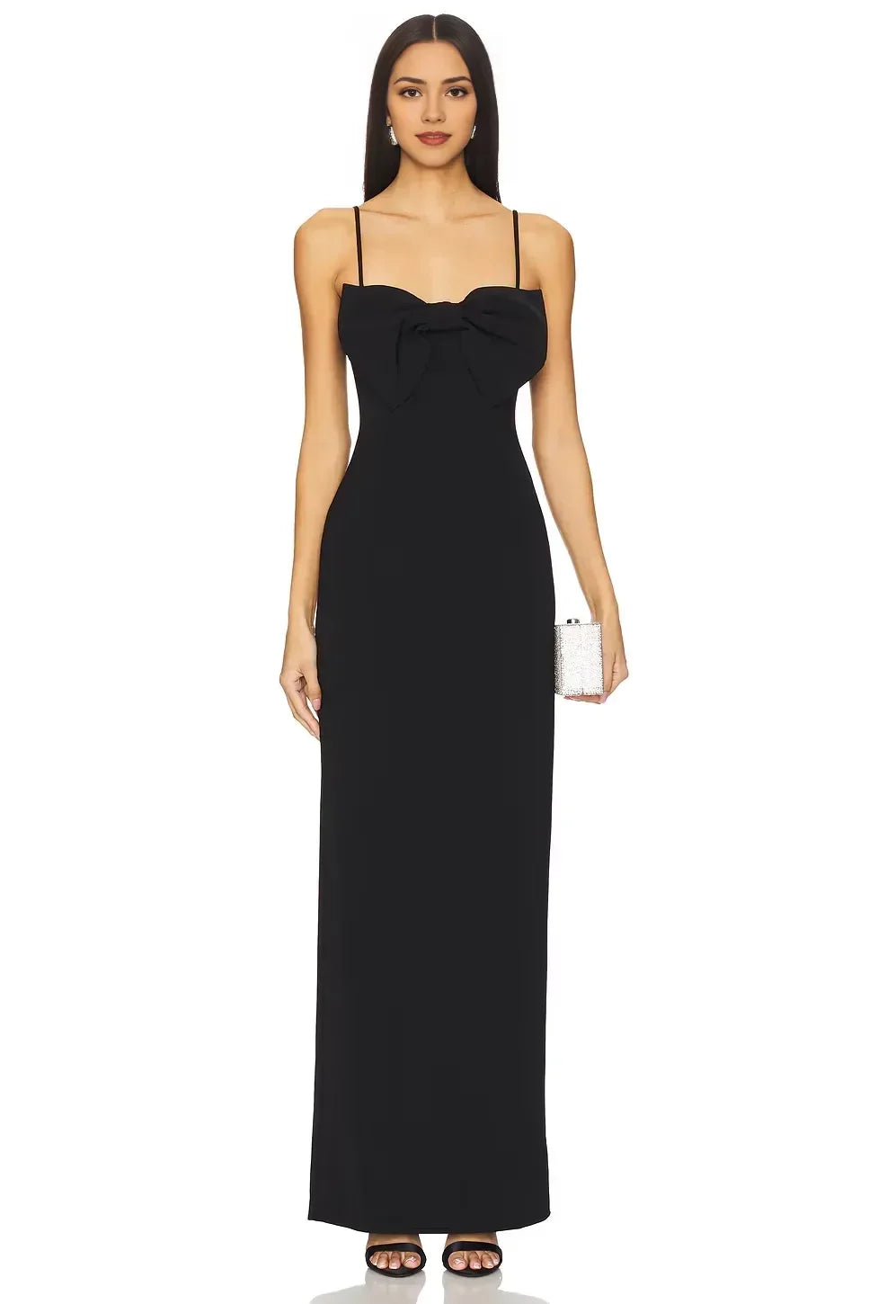Chic Sheath Spaghetti Strap Sleeveless Bow Detail Slit Back Floor Length Evening Dress