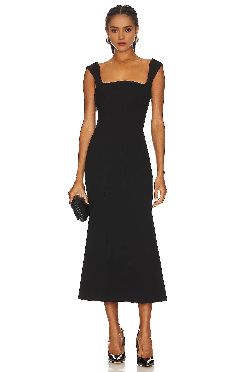 Chic Sheath Square Neck Cap Sleeve Zipper Back Midi Length Evening Dress