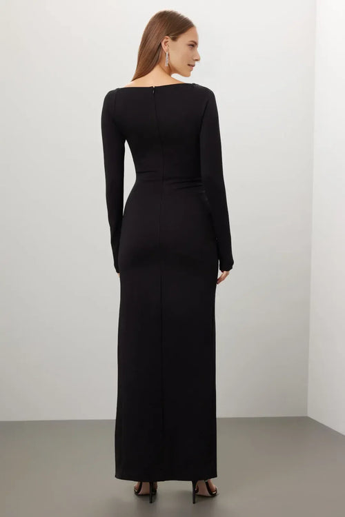 Chic Sheath Square Neck Long Sleeve High Slit Floor Length Plus Size Prom Dress
