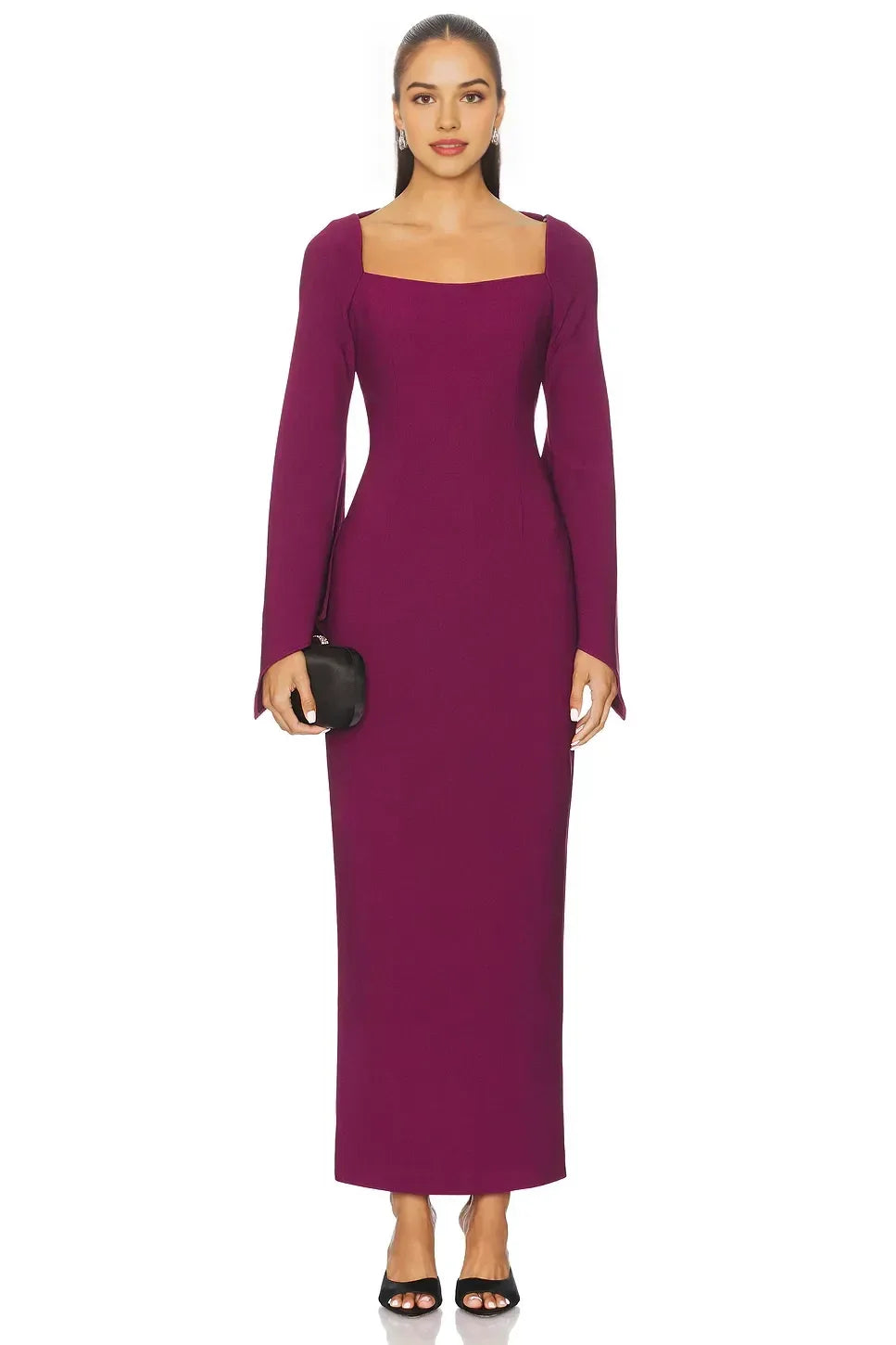 Chic Sheath Square Neck Long Sleeve High Slit Midi Length Prom Dress