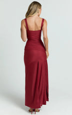 Chic Sheath Square Neck Ruched Bodice High Slit Floor Length Plus Size Evening Dress