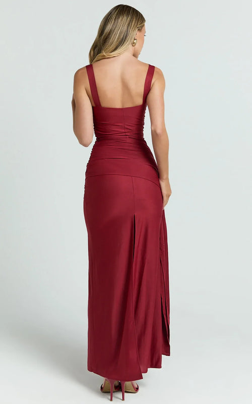 Chic Sheath Square Neck Ruched Bodice High Slit Floor Length Plus Size Evening Dress
