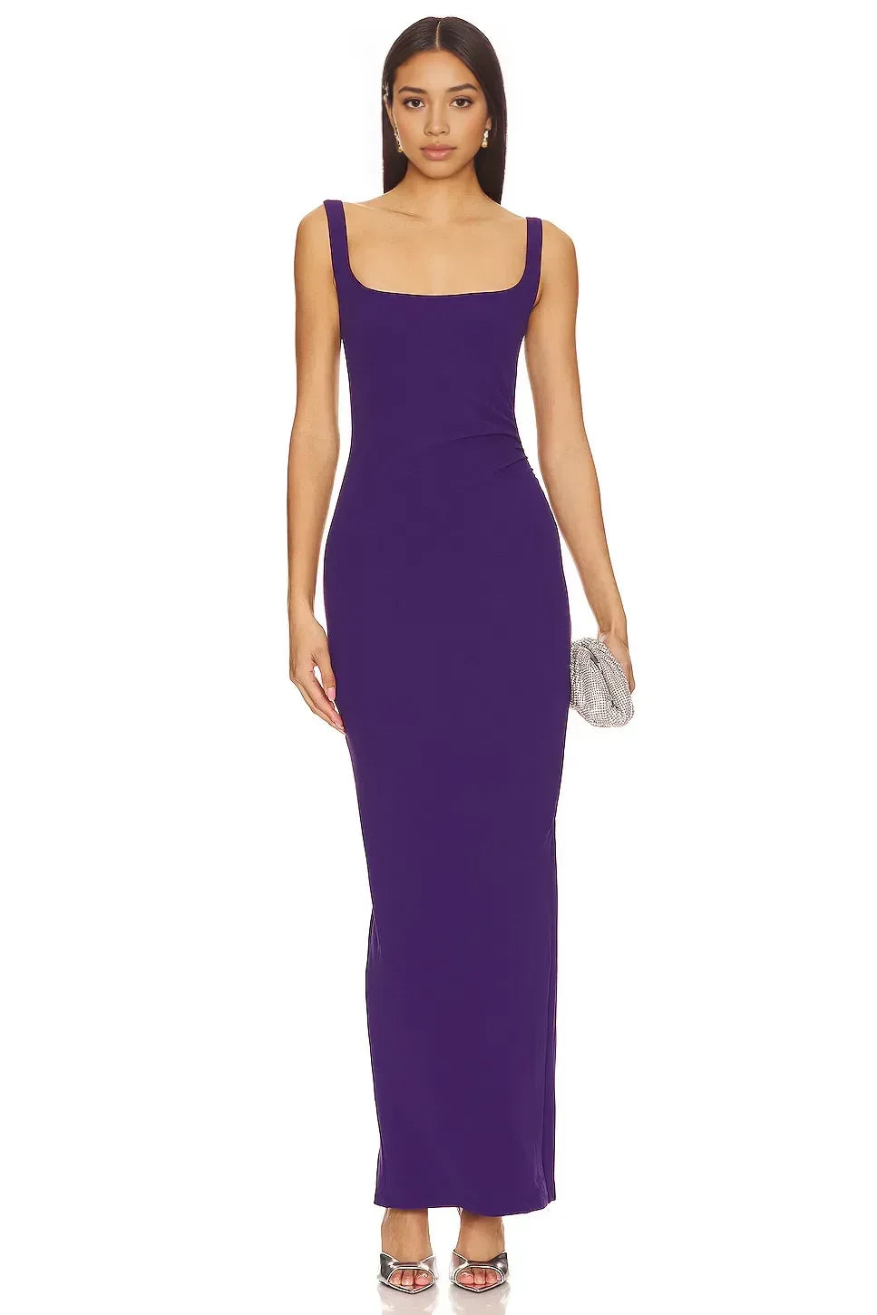 Chic Sheath Square Neck Sleeveless Back Slit Floor Length Evening Dress