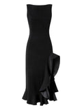 Chic Sheath Square Neck Sleeveless Deep V Back Ruffled Midi Length Prom Dress