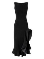 Chic Sheath Square Neck Sleeveless Deep V Back Ruffled Midi Length Prom Dress