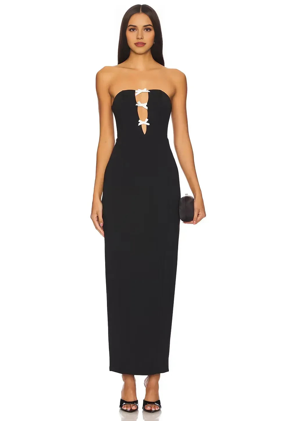Chic Sheath Strapless Sleeveless Bow Detail Slit Back Midi Length Evening Dress