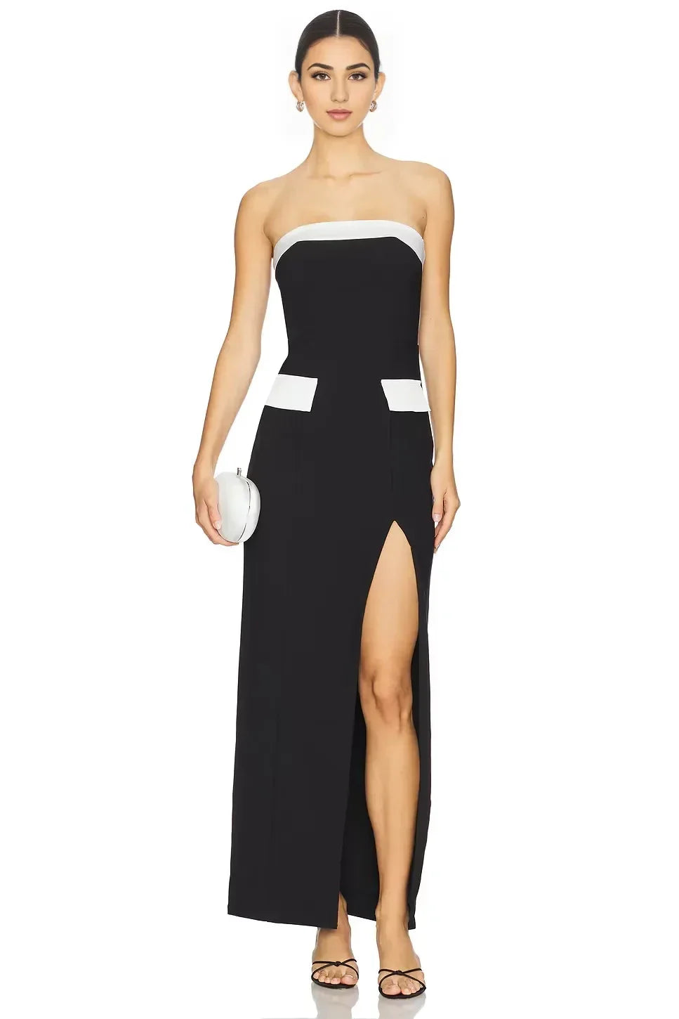 Chic Sheath Strapless Sleeveless Contrast Trim Floor Length Evening Dress