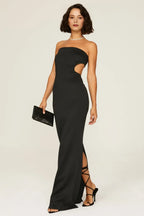 Chic Sheath Strapless Sleeveless Cutout Waist High Slit Floor Length Plus Size Prom Dress