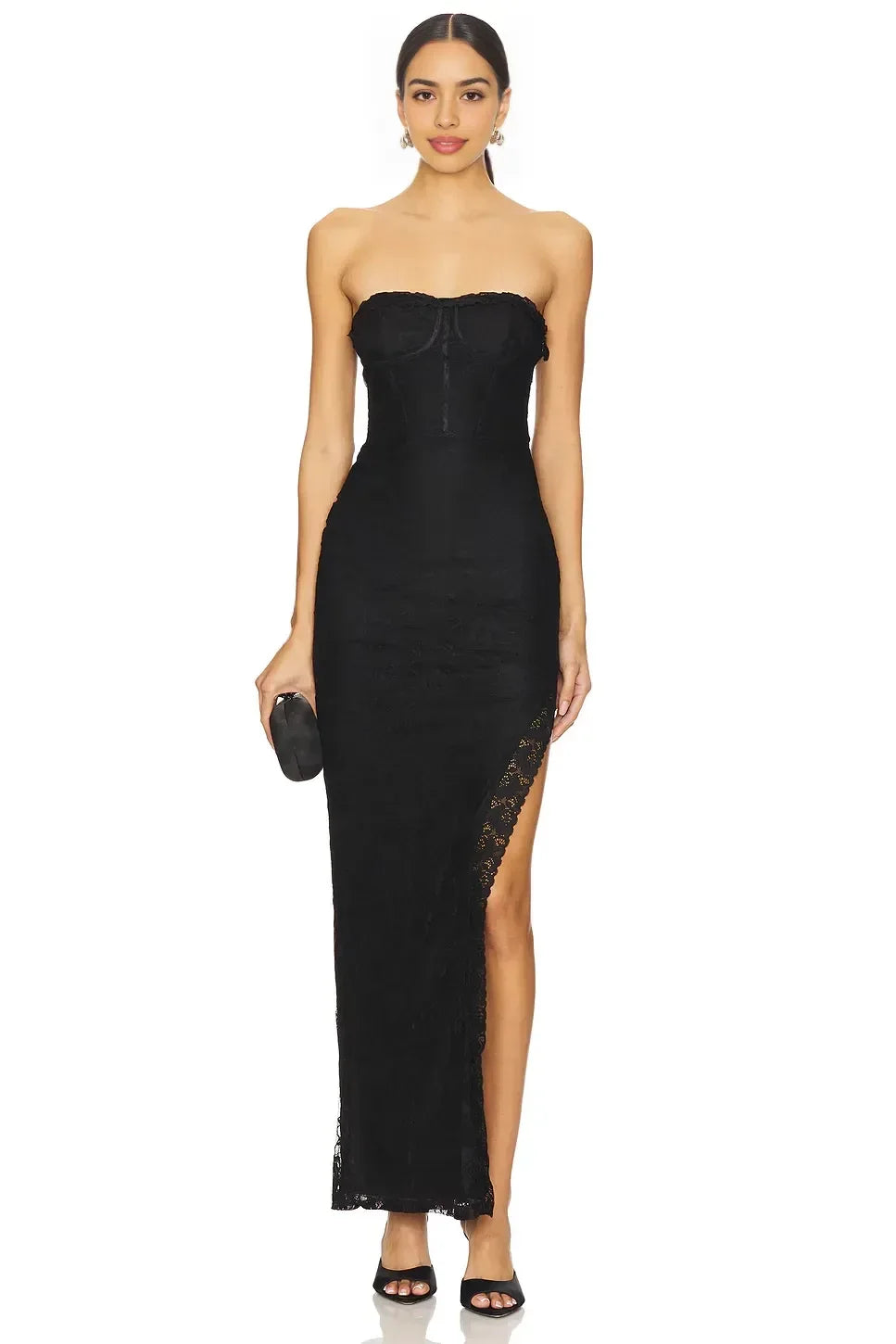 Chic Sheath Strapless Sleeveless Lace Hem High Slit Floor Length Evening Dress