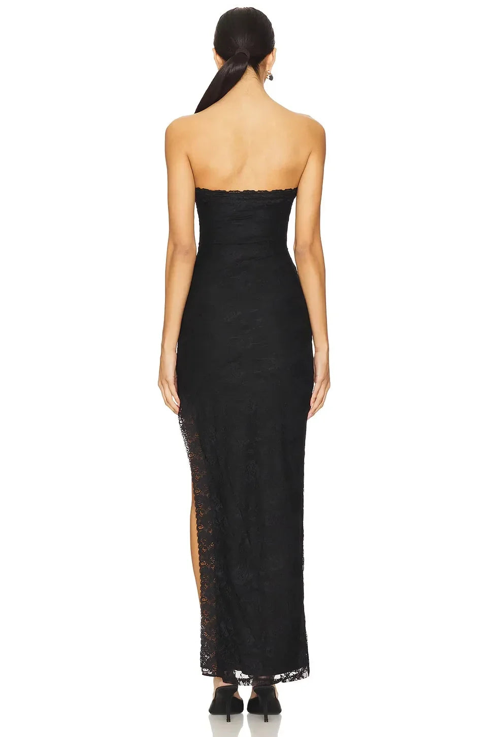 Chic Sheath Strapless Sleeveless Lace Hem High Slit Floor Length Evening Dress
