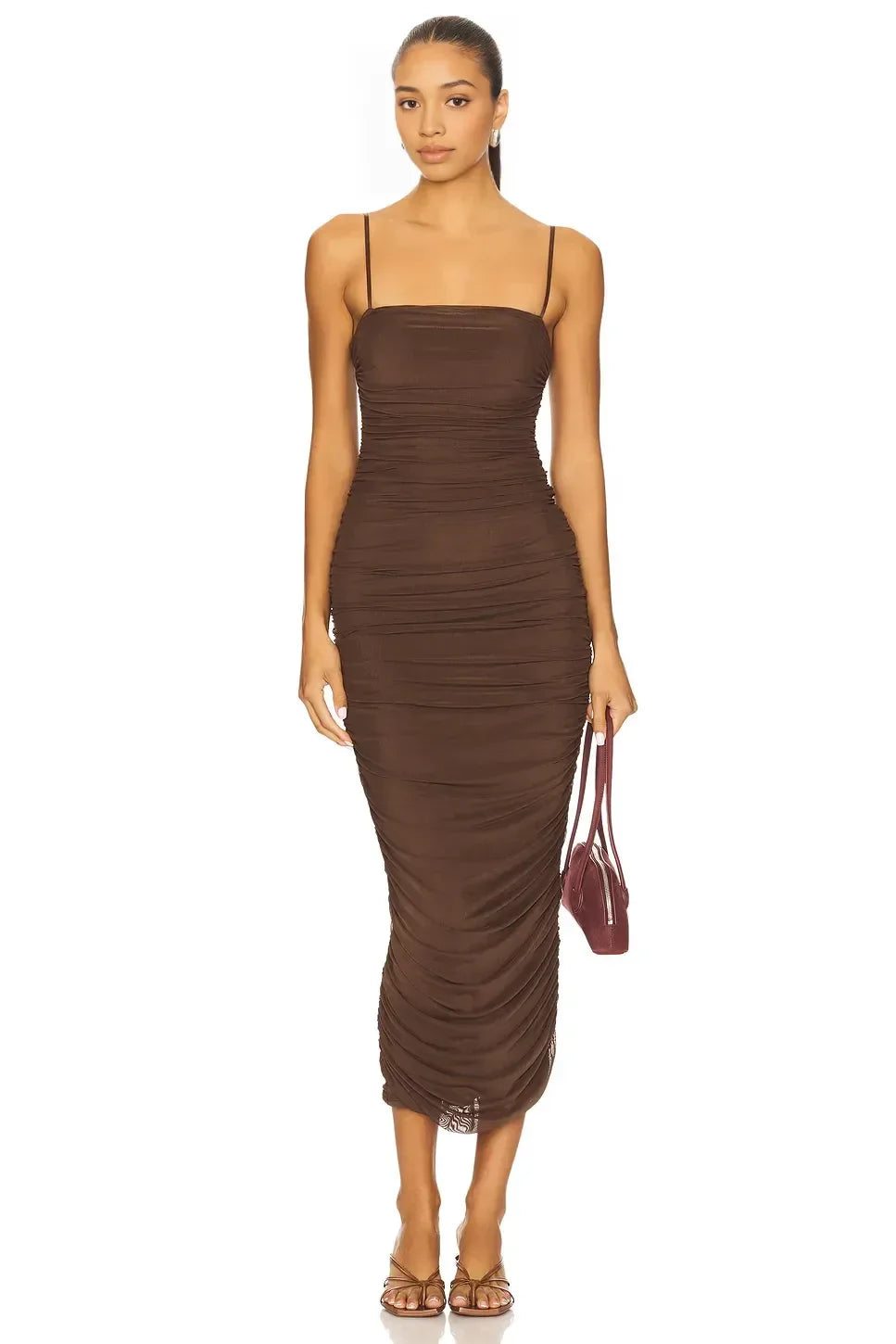 Chic Sheath Strapless Sleeveless Ruched Back Midi Length Evening Dress