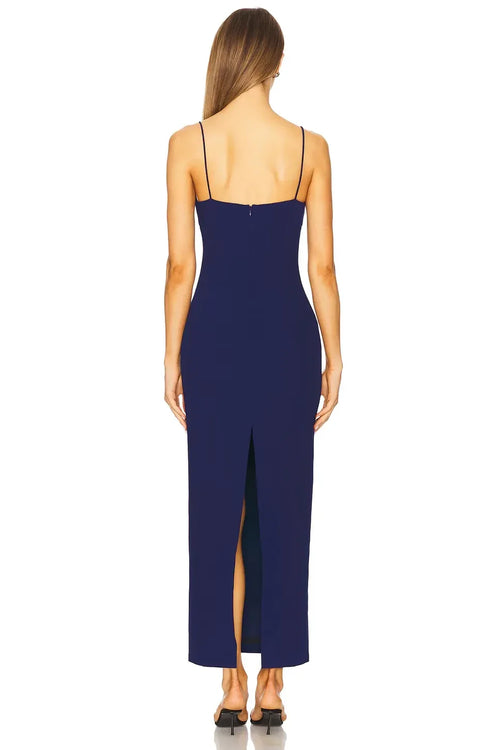 Robe de bal chic fourreau à col bustier, fines bretelles et fente au dos, longueur ras du sol