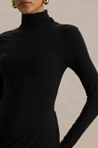 Chic Sheath Turtleneck Long Sleeve Ruched Back Floor Length Evening Dress