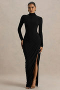 Chic Sheath Turtleneck Long Sleeve Ruched Back Floor Length Evening Dress