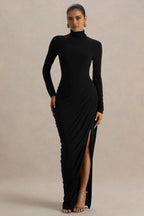 Chic Sheath Turtleneck Long Sleeve Ruched Back Floor Length Evening Dress