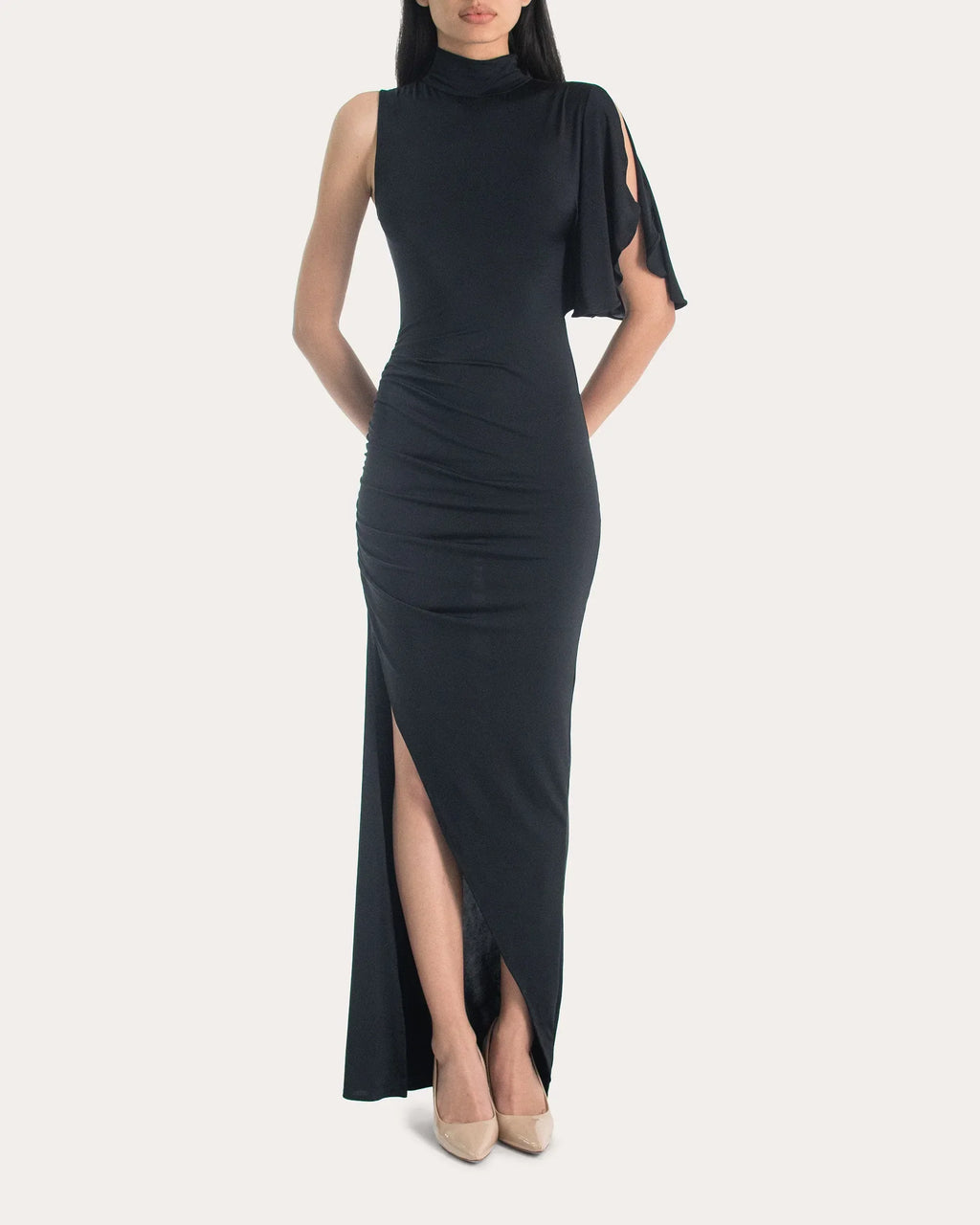 Chic Sheath Turtleneck One Sleeve Keyhole Back Slit Floor Length For Adults Prom Dress