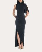 Chic Sheath Turtleneck One Sleeve Keyhole Back Slit Floor Length For Adults Prom Dress