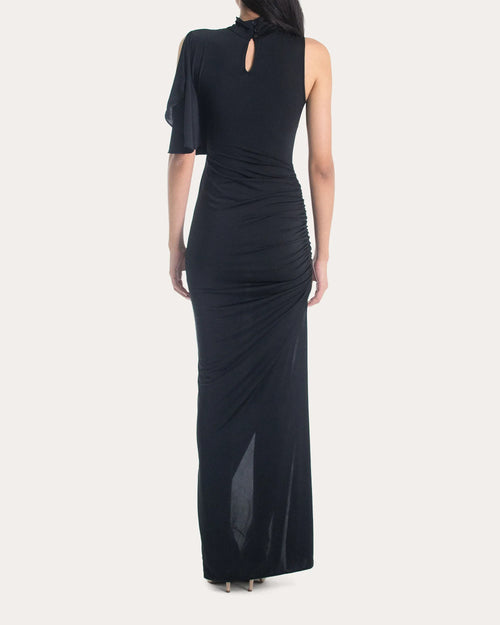 Robe de bal moulante chic à col roulé, une manche, dos découpé et fente, longueur ras du sol, pour adultes
