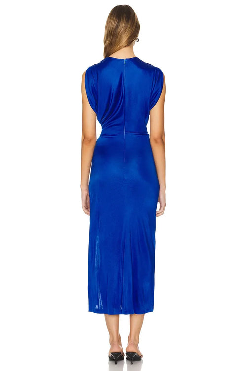 Robe de bal chic mi-longue fourreau à col en V, manches courtes, froncée sur le devant et fente haute