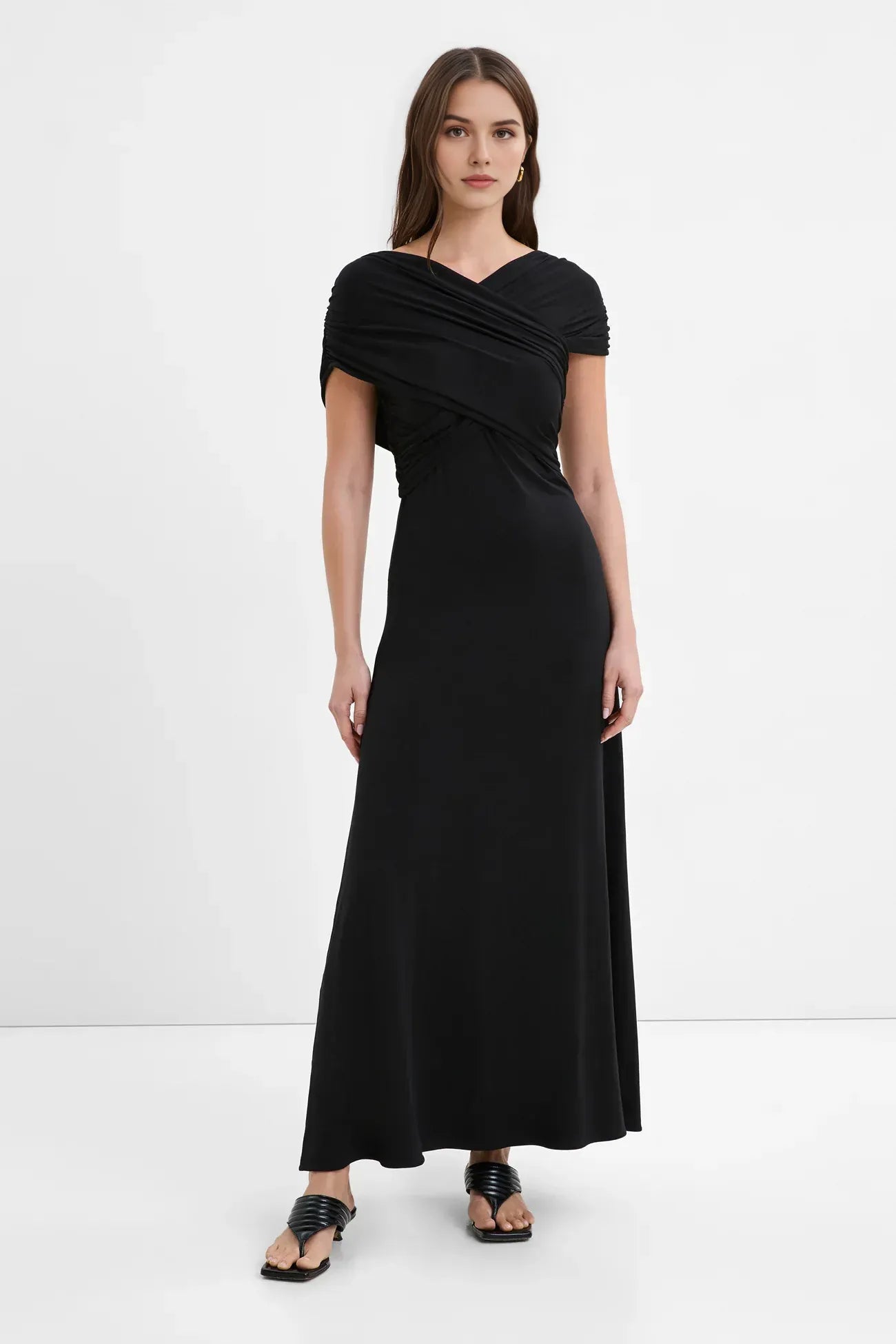 Chic Sheath V Neck Short Sleeve Cross Front Ruched Back Floor Length For Ladies Prom Dress