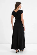 Chic Sheath V Neck Short Sleeve Cross Front Ruched Back Floor Length For Ladies Prom Dress