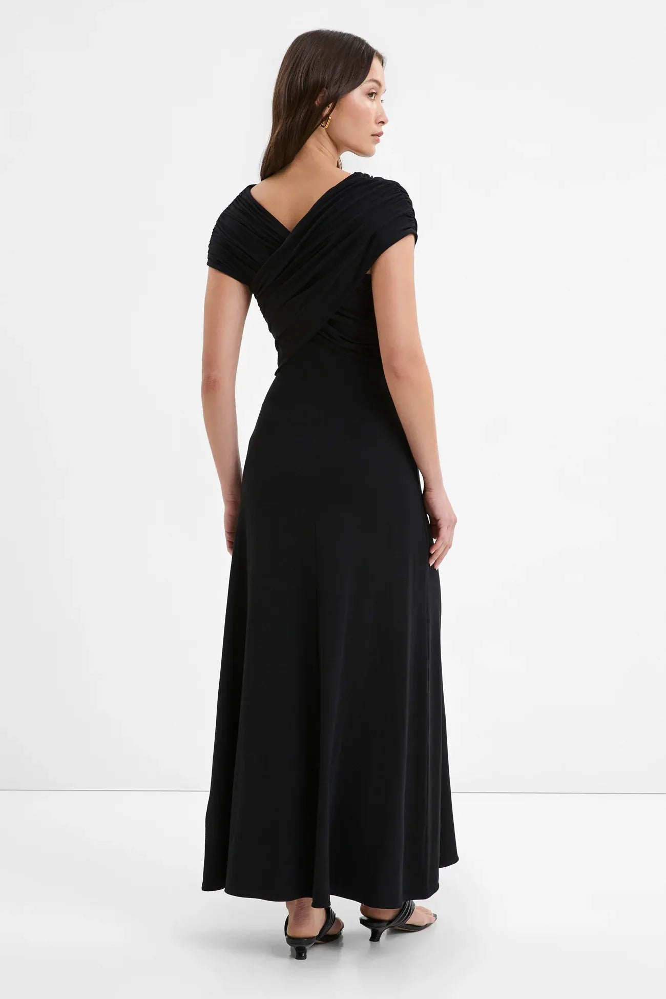 Chic Sheath V Neck Short Sleeve Cross Front Ruched Back Floor Length For Ladies Prom Dress
