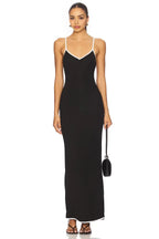 Chic Sheath V Neck Spaghetti Strap Contrast Trim Floor Length Evening Dress