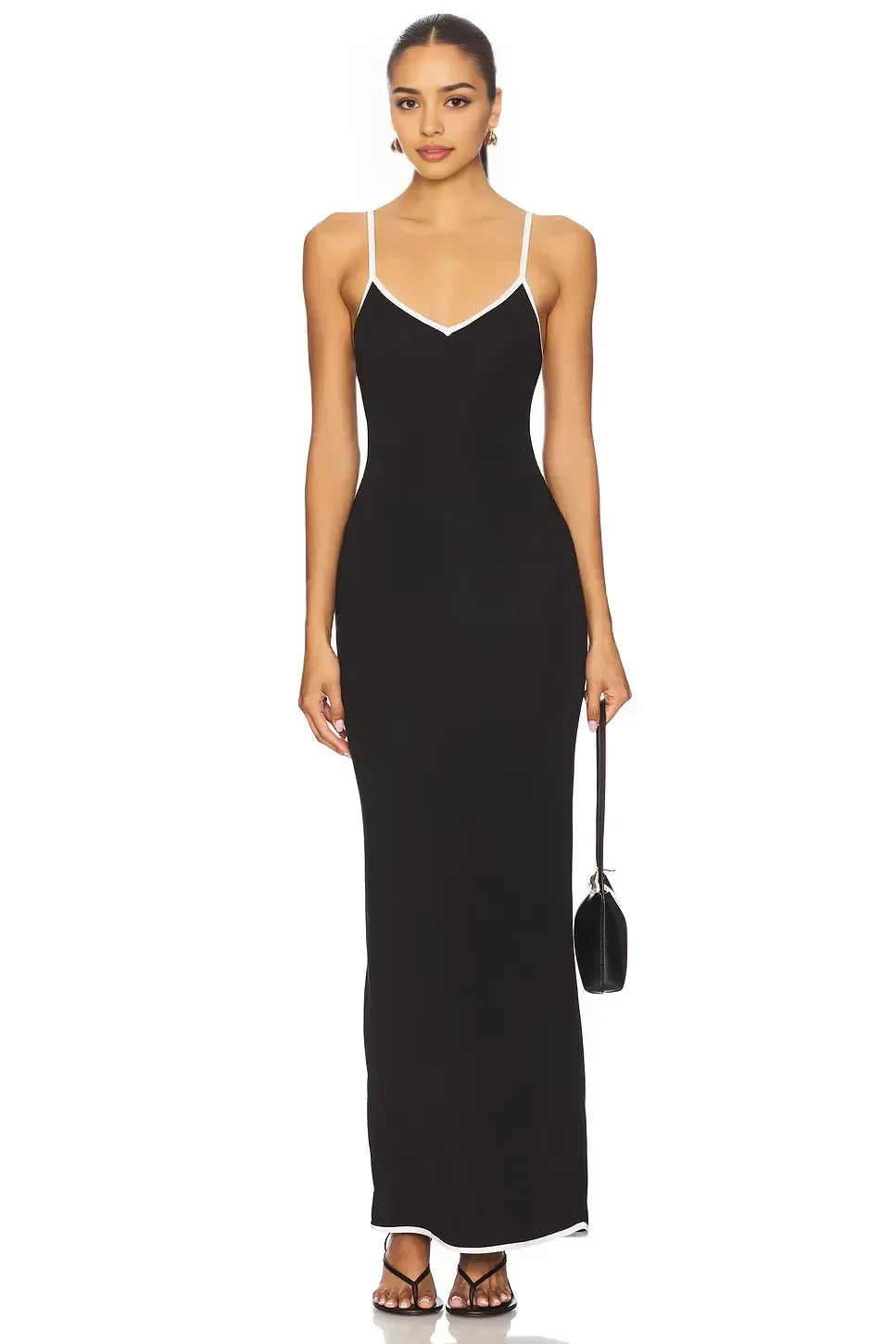 Chic Sheath V Neck Spaghetti Strap Contrast Trim Floor Length Evening Dress