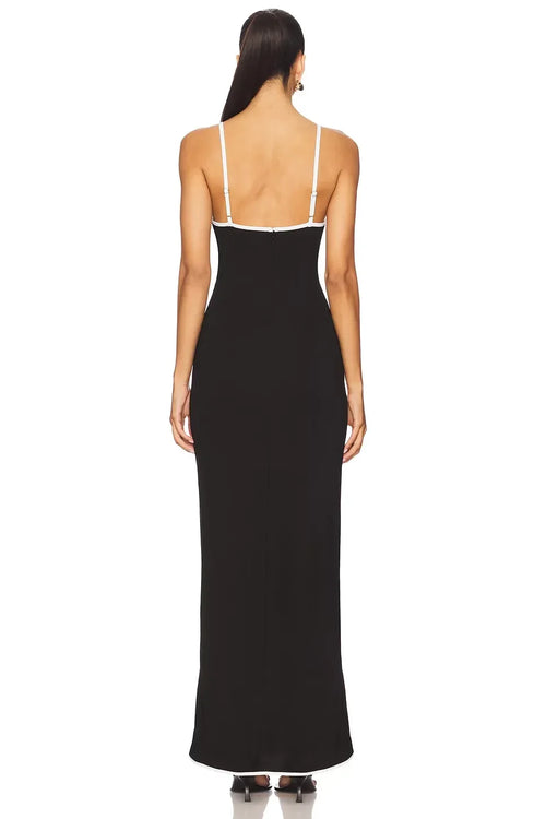 Robe de soirée longue fourreau chic, décolleté en V, bretelles fines, avec bordure contrastante
