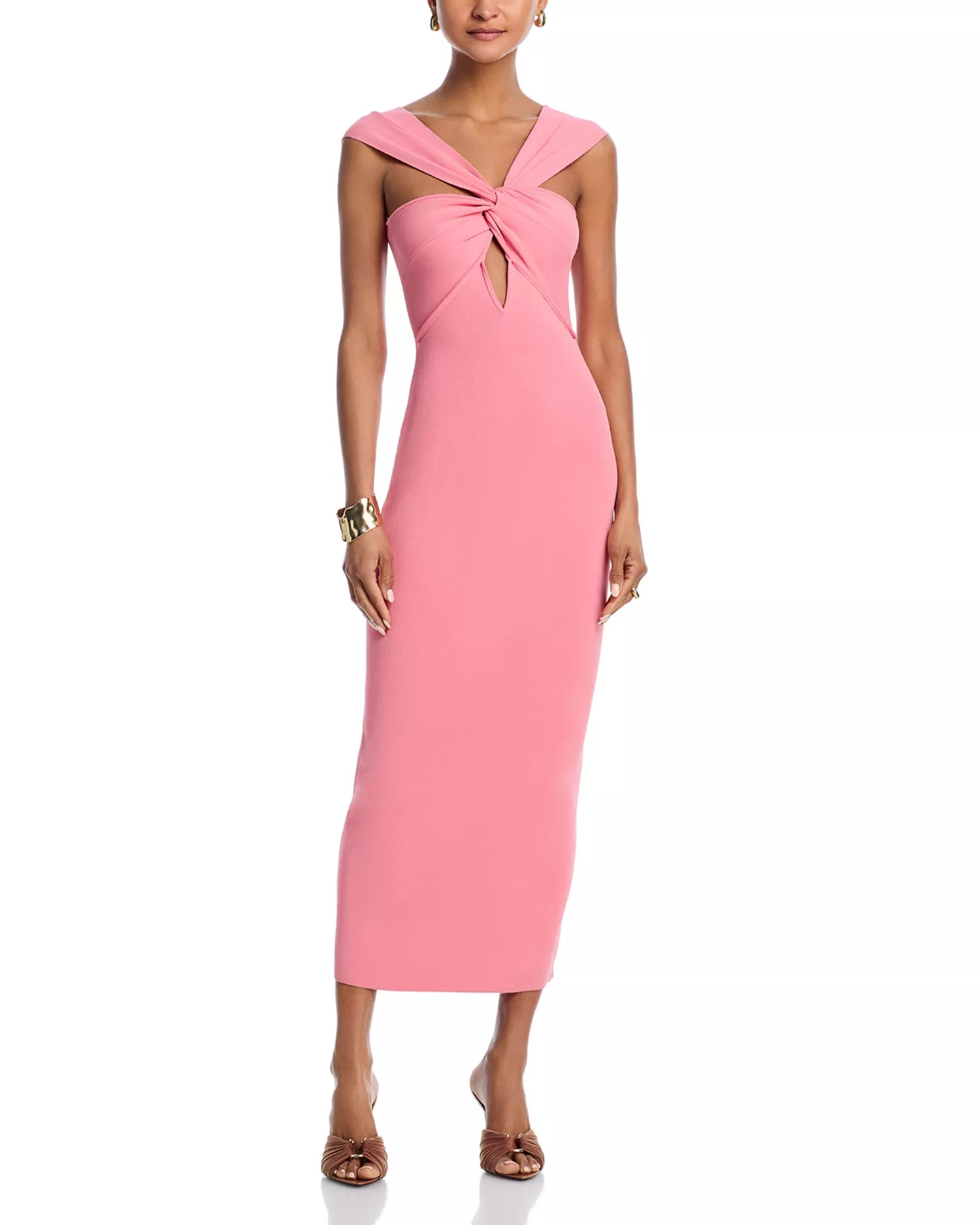 Chic Sheath V Neck Twist Cutout Sleeveless V Back Midi Length For Adults Prom Dress