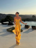 Spaghetti Strap Ruched Ruffle High Slit Maxi Dress