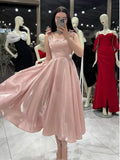 Square Neck Sleeveless Bow Detail A-Line Midi Prom Dress