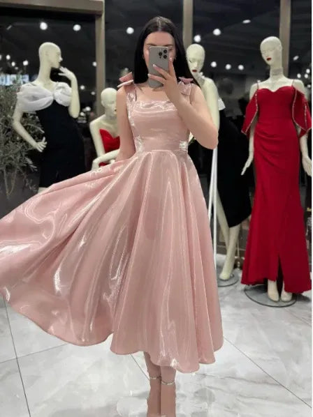 Square Neck Sleeveless Bow Detail A-Line Midi Prom Dress