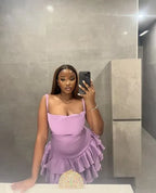 Square Neck Spaghetti Strap Tiered Ruffle Short Party Mini Dress