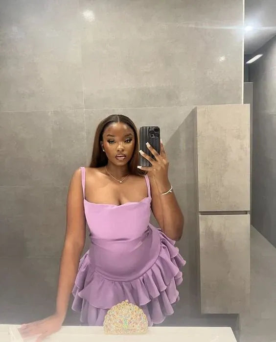 Square Neck Spaghetti Strap Tiered Ruffle Short Party Mini Dress