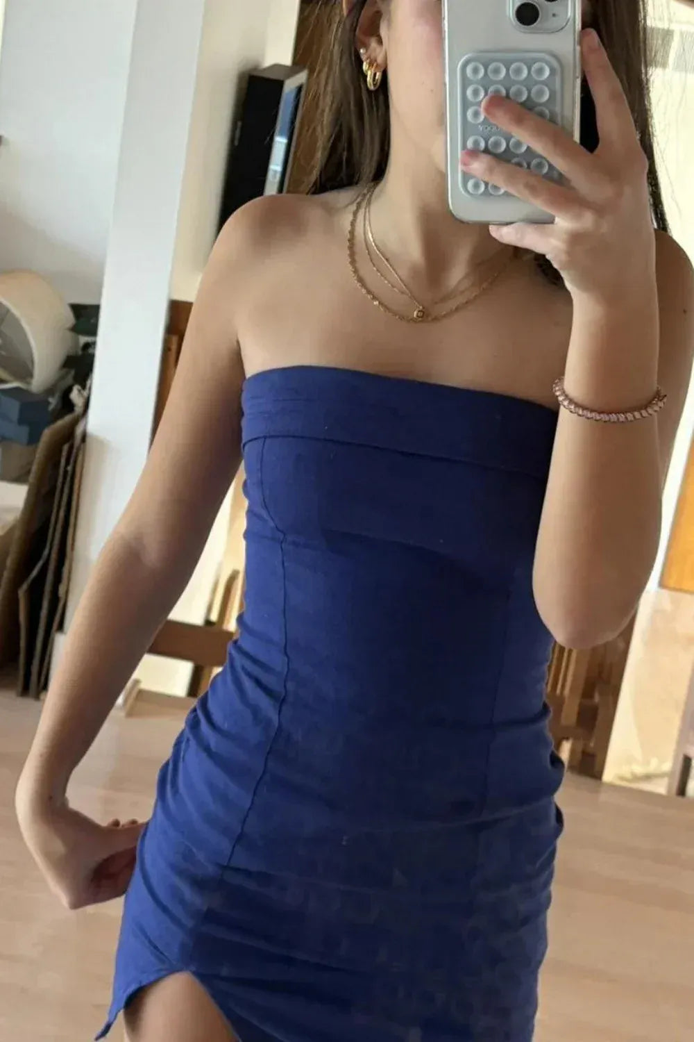 Strapless Bodycon Mini Dress with Side Slit