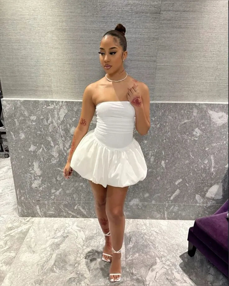 Strapless Ruched Bubble Hem Mini Dress