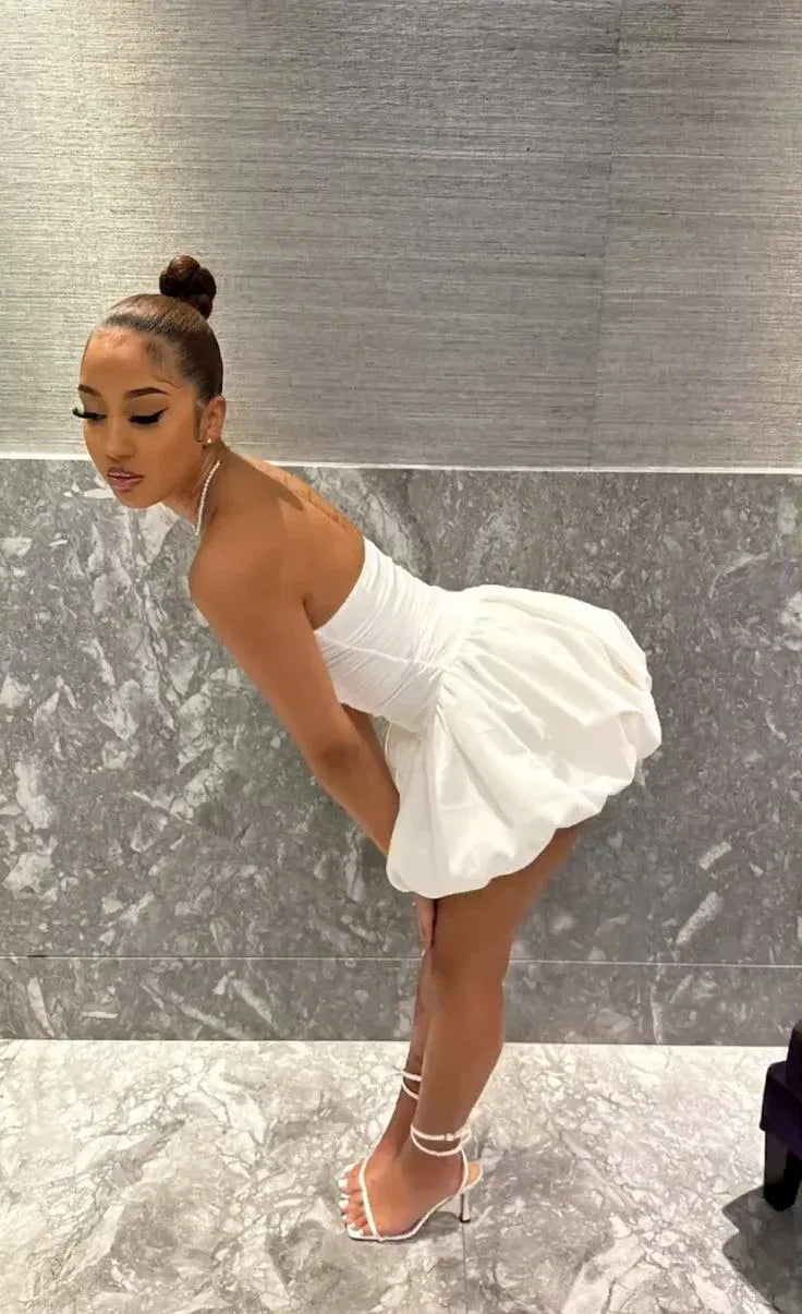 Strapless Ruched Bubble Hem Mini Dress