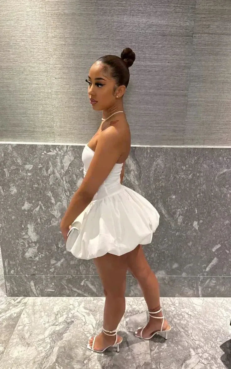 Strapless Ruched Bubble Hem Mini Dress