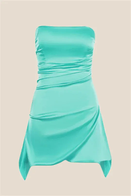 Strapless Ruched Asymmetrical Hem Mini Dress