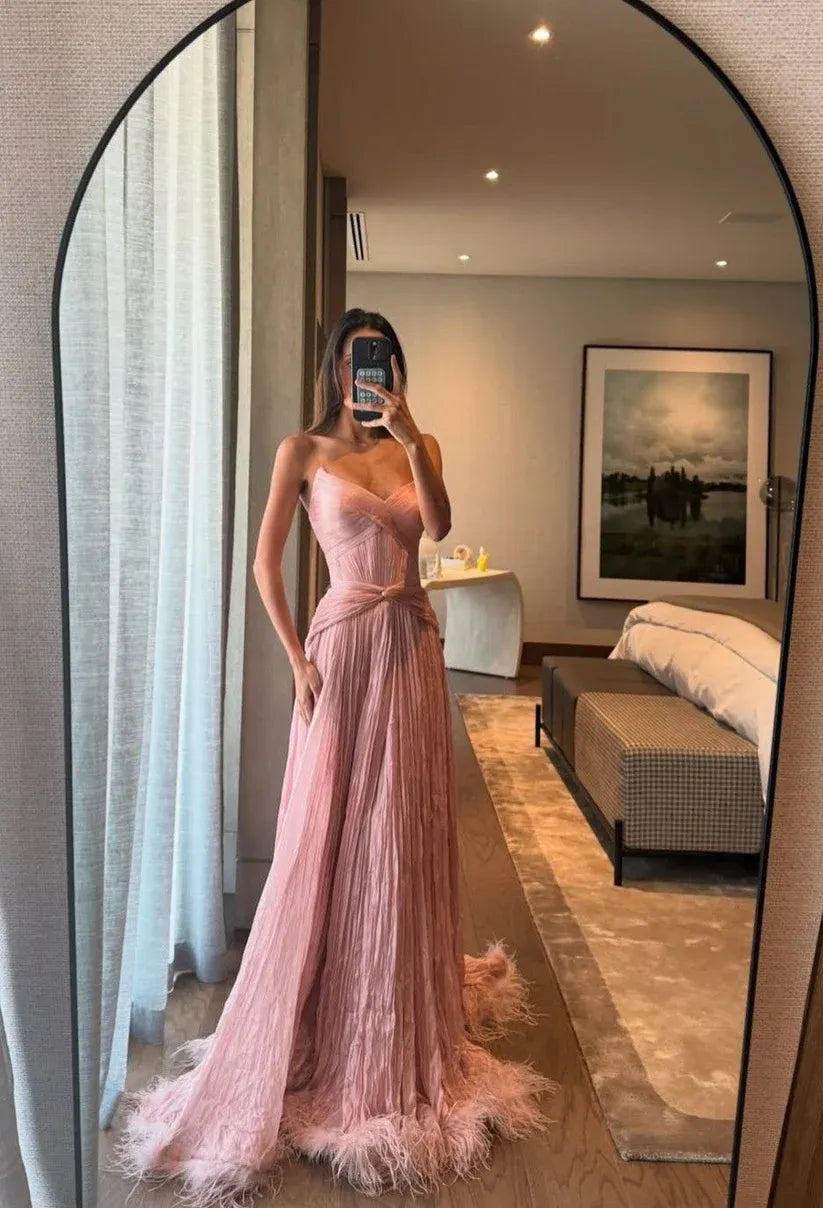 Strapless Sweetheart Corset Back Feather Hem Floor Length Evening Dress