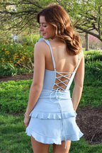 Sweetheart Neck Ruffle Tiered Mini Dress with Lace-Up Back