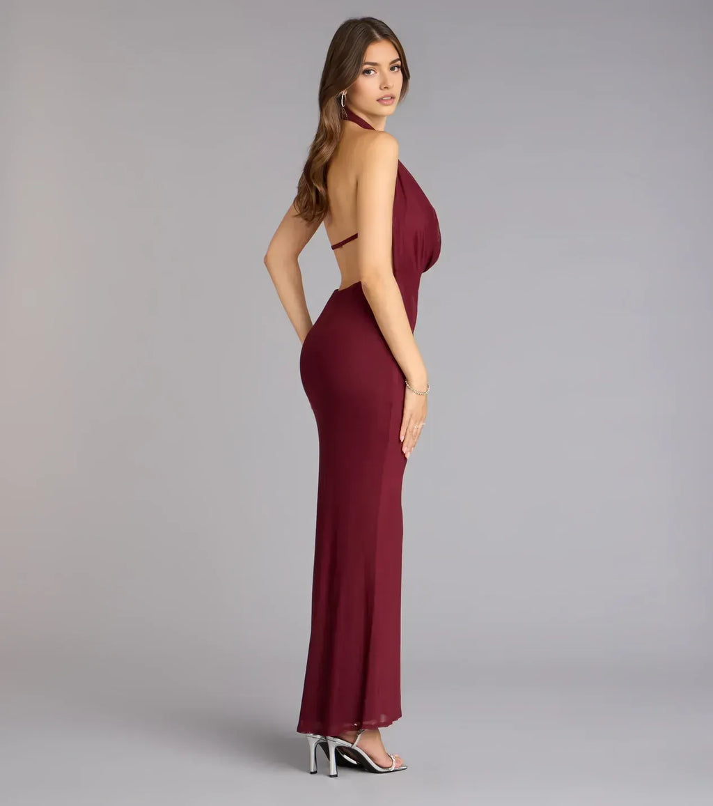Chic Trumpet Halter Neck Sleeveless Open Back Floor Length Prom Dress