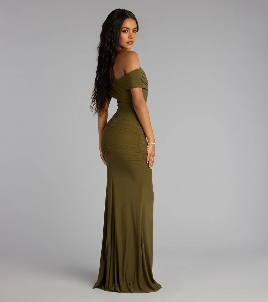 Chic Trumpet Off Shoulder Short Sleeve Zipper Back Floor Length Prom Dress